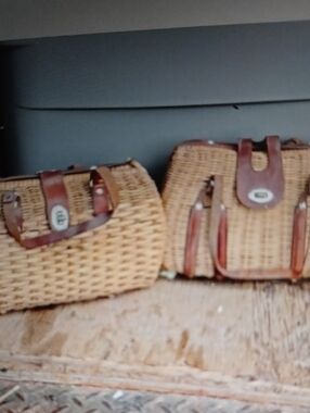 Woven Rattan Satchel Handbags with Brown Leather Trim
